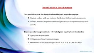 Bacteria’s Role in Tooth Resorption
Two possibilities exist for the mechanism of bacteria induced resorption:
 Bacteria produce acids and proteases that destroy the bone matrix components
 Bacteria stimulate the production of osteolytic factor, which promotes osteoclastic
activity
Lipopolysaccharides present in the cell wall of gram negative bacteria stimulate
 Lysozymal enzyme release
 Collagenases release from macrophages
 Osteoblastic secretion of osteolytic factors IL-1, IL-6, M-CSF and PGE2.
 