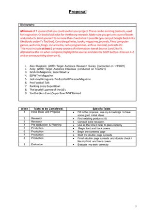 Proposal
3
Bibliography:
Minimumof 7 sourcesthatyou coulduse for yourproject.These canbe existingproducts,used
for inspiration.Orbookslookedatforthe theoryresearch.Make sure youget a mixture of books
and products.Limityourself tonomore than 2 websites if possible(youcanputGoogle Booklinks
like BooksonNeil’sToolbox). Considergalleries,books,magazines, journals, films,computer
games, websites,blogs,socialmedia, radioprogrammes,archive material,podcasts etc.
Thismust include atleast2 primarysourcesof information- tweakSource 1and 2 to fit.
Alphabetise the list whencomplete (highlightthesourcesand click the SORT button- ithasan A-Z
and an arrowpointing down on it).
1. Alex Shepherd. (2019) Target Audience Research Survey (conducted on 1/3/2021)
2. Andy. (2019) Target Audience Interviews (conducted on 1/3/2021)
3. GridironMagazine,SuperBowl LV
4. ESPN The Magazine
5. Jacksonville Jaguars- ProFootball Preview Magazine
6. Pro Football Talk
7. RankingeverySuperBowl
8. The bestNFL gamesof the 10’s
9. Yardbartker- EverySuperBowl MVPRanked
Week Tasks to be Completed: Specific Tasks
1 Initial Ideas and Proposal  Fill in the proposal, use my knowledge to have
some good initial ideas
2 Research  Find existing products (4)
3 Research  Conduct solid research.
4 Pre-production & Planning  Use all the time I have to plan correctly
5 Production  Begin front and back covers
6 Production  Begin the contents page
7 Production  Start the double page spreads
8 Production  Finish double page spreads and double check I
like my front and back covers
9 Evaluation  Evaluate my work correctly
 