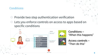 Conditions
8
◎ Provide two step authentication verification
◎ Lets you enforce controls on access to apps based on
specific conditions
Conditions –
“When this happens”
Access controls –
“Then do this”
 