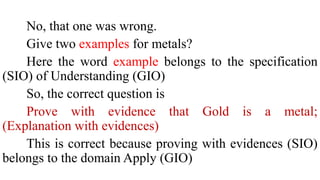 No, that one was wrong.
Give two examples for metals?
Here the word example belongs to the specification
(SIO) of Understanding (GIO)
So, the correct question is
Prove with evidence that Gold is a metal;
(Explanation with evidences)
This is correct because proving with evidences (SIO)
belongs to the domain Apply (GIO)
 