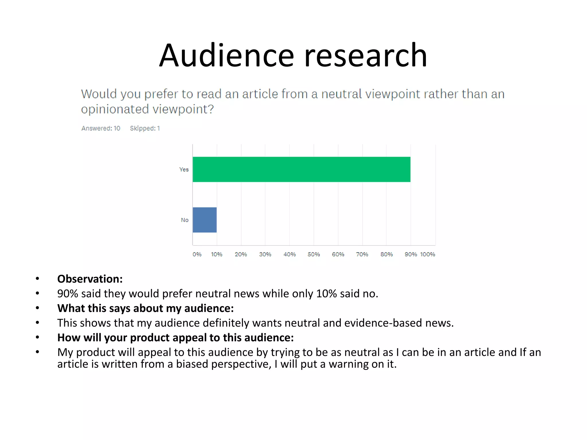 Audience research
• Observation:
• 90% said they would prefer neutral news while only 10% said no.
• What this says about my audience:
• This shows that my audience definitely wants neutral and evidence-based news.
• How will your product appeal to this audience:
• My product will appeal to this audience by trying to be as neutral as I can be in an article and If an
article is written from a biased perspective, I will put a warning on it.
 