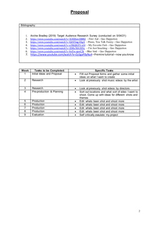 Proposal
2
Bibliography:
1. Archie Bradley (2019) Target Audience Research Survey (conducted on 5/04/21)
2. https://www.youtube.com/watch?v=X36MizvDB0Q - First Aid – Gus Dapperton
3. https://www.youtube.com/watch?v=QrVl7mgVSg0 - Prune, You Talk Funny – Gus Dapperton
4. https://www.youtube.com/watch?v=oYKQGTV-rJ4 - My Favorite Fish – Gus Dapperton
5. https://www.youtube.com/watch?v=2DfiyXbUHVc - I’m Just Snacking – Gus Dapperton
6. https://www.youtube.com/watch?v=bxTw-zpoC2k - Blue bird – Gus Dapperton
7. https://www.youtube.com/watch?v=Zy5gaP0yNu4–Premire tutorial –now youknow
Week Tasks to be Completed: Specific Tasks
1 Initial Ideas and Proposal  Filll out Proposal forms and gather some initial
ideas on what I want to create
2 Research  Look at previously shot music videos by the artist
3 Research  Look at previously shot videos by directors
4 Pre-production & Planning  Sort out locations and what sort of video I want to
shoot. Come up with ideas for different shots and
themes
5 Production  Edit whats been shot and shoot more
6 Production  Edit whats been shot and shoot more
7 Production  Edit whats been shot and shoot more
8 Production  Edit whats been shot and shoot more
9 Evaluation  Self critically evaulate my project
 