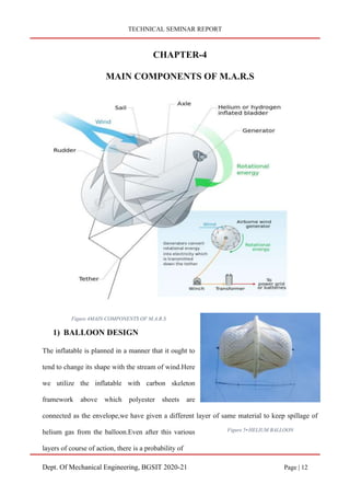 TECHNICAL SEMINAR REPORT
Dept. Of Mechanical Engineering, BGSIT 2020-21 Page | 12
CHAPTER-4
MAIN COMPONENTS OF M.A.R.S
Figure 4MAIN COMPONENTS OF M.A.R.S
1) BALLOON DESIGN
The inflatable is planned in a manner that it ought to
tend to change its shape with the stream of wind.Here
we utilize the inflatable with carbon skeleton
framework above which polyester sheets are
connected as the envelope,we have given a different layer of same material to keep spillage of
helium gas from the balloon.Even after this various
layers of course of action, there is a probability of
Figure 5• HELIUM BALLOON
 