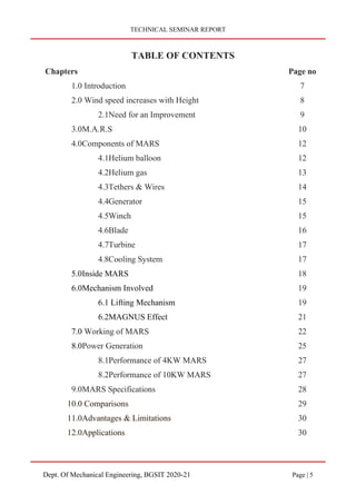 TECHNICAL SEMINAR REPORT
Dept. Of Mechanical Engineering, BGSIT 2020-21 Page | 5
TABLE OF CONTENTS
Chapters Page no
1.0 Introduction 7
2.0 Wind speed increases with Height 8
2.1Need for an Improvement 9
3.0M.A.R.S 10
4.0Components of MARS 12
4.1Helium balloon 12
4.2Helium gas 13
4.3Tethers & Wires 14
4.4Generator 15
4.5Winch 15
4.6Blade 16
4.7Turbine 17
4.8Cooling System 17
5.0Inside MARS 18
6.0Mechanism Involved 19
6.1 Lifting Mechanism 19
6.2MAGNUS Effect 21
7.0 Working of MARS 22
8.0Power Generation 25
8.1Performance of 4KW MARS 27
8.2Performance of 10KW MARS 27
9.0MARS Specifications 28
10.0 Comparisons 29
11.0Advantages & Limitations 30
12.0Applications 30
 