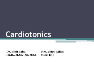 Cardiotonics
Dr. Binu Babu
Ph.D., M.Sc. (N), MBA
Mrs. Jincy Ealias
M.Sc. (N)
 
