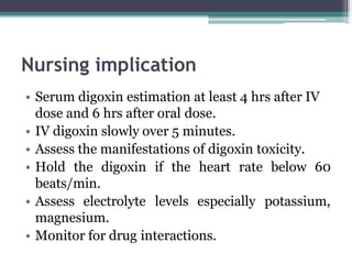 Nursing implication
• Serum digoxin estimation at least 4 hrs after IV
dose and 6 hrs after oral dose.
• IV digoxin slowly over 5 minutes.
• Assess the manifestations of digoxin toxicity.
• Hold the digoxin if the heart rate below 60
beats/min.
• Assess electrolyte levels especially potassium,
magnesium.
• Monitor for drug interactions.
 