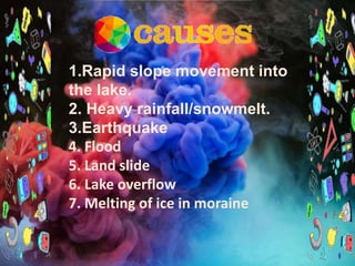 1.Rapid slope movement into
the lake.
2. Heavy rainfall/snowmelt.
3.Earthquake
4. Flood
5. Land slide
6. Lake overflow
7. Melting of ice in moraine
 