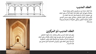 15
‫معينة‬ ‫اوية‬‫ز‬‫ب‬ ‫مائلي‬ ‫مستقيمي‬ ‫عن‬ ‫عبارة‬ ‫العقد‬ ‫هذا‬
‫ا‬ ‫ي‬
‫رجىل‬ ‫أن‬ ‫كما‬‫العقد‬ ‫هذا‬ ‫ليكونا‬ ‫ي‬
‫أعىل‬ ‫ي‬
‫إىل‬ ‫فيها‬ ‫يتقابالن‬
‫لعقد‬
‫من‬ ‫العقد‬ ‫هذا‬ ‫أخذ‬ ‫وقد‬ ‫مستقيمة‬ ‫أسية‬‫ر‬ ‫خطوط‬ ‫ي‬
‫ه‬
‫الجام‬ ‫صحن‬ ‫عقود‬ ‫ي‬
‫ف‬
ً
‫ممثال‬ ‫ي‬
‫الفاطم‬‫از‬‫ر‬‫الط‬ ‫مثل‬ ‫القديم‬
‫ع‬
‫يحة‬‫رص‬‫و‬ ‫مستقيمة‬
ً
‫خطوطا‬ ‫ي‬
‫ليعىط‬ ‫التطوير‬ ‫وتناوله‬ ‫األزهر‬
‫ومبسطة‬
.
‫المدبب‬ ‫العقد‬
‫الخطي‬ ‫بانتهاء‬ ‫عنه‬ ‫يختلف‬ ‫ولكن‬ ‫المدبب‬ ‫العقد‬ ‫مثل‬ ‫وهو‬
‫الع‬ ‫ي‬
‫رجىل‬ ‫يكمالن‬ ‫ان‬‫ز‬‫ك‬
‫مر‬ ‫لهما‬ ‫بقوسي‬ ‫أسفل‬ ‫ي‬
‫إىل‬ ‫المستقيمي‬
‫قد‬
‫الخطوط‬‫وقرص‬ ‫طول‬ ‫مالحظة‬ ‫مع‬ ‫مستقيمة‬ ‫أسية‬‫ر‬ ‫بخطوط‬
‫مع‬ ‫ي‬
‫ر‬
‫يتمش‬ ‫الذي‬ ‫التصميم‬ ‫ي‬
‫اىل‬ ‫ترجع‬ ‫ي‬
‫وه‬ ‫العقد‬ ‫ي‬
‫لرجىل‬ ‫أسية‬‫ر‬‫ال‬
‫النسبة‬ ‫هذه‬
.
‫كزي‬
‫المر‬ ‫ذو‬ ‫المدبب‬ ‫العقد‬
‫ن‬
 