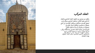 19
‫والعقد‬ ‫ي‬ ‫ر‬
‫الخارج‬ ‫العقد‬ ‫العقود‬ ‫من‬ ‫نوعي‬ ‫من‬ ‫يتكون‬
‫واحد‬‫كز‬
‫بمر‬ ‫ي‬ ‫ر‬
‫الخارج‬ ‫والعقد‬ ، ‫ي‬
‫ر‬
‫الثالن‬ ‫وهو‬ ‫ي‬
‫الداخىل‬
‫م‬ ‫القوسي‬ ‫يستكمل‬ ‫متماثلي‬ ‫قوسي‬ ‫ي‬
‫ليعىط‬
‫ي‬
‫أعىل‬ ‫ن‬
‫القوسي‬ ‫أسفل‬ ‫ليتالقيا‬ ‫مستقيمي‬ ‫بخطي‬
‫ي‬
‫ر‬
‫الثالن‬ ‫العقد‬ ‫أما‬ ‫أسية‬‫ر‬ ‫مستقيمة‬ ‫بخطوط‬
‫م‬ ‫ثالثة‬ ‫وله‬ ‫ي‬ ‫ر‬
‫الخارج‬ ‫العقد‬ ‫بطنية‬ ‫ي‬
‫ف‬ ‫فموضعه‬
،‫اكز‬‫ر‬
‫فيها‬ ‫ي‬ ‫ر‬
‫الخارج‬ ‫العقد‬ ‫مع‬ ‫ك‬ ‫ى‬
‫يشب‬ ‫العلوي‬‫كز‬
‫المر‬
‫العلوي‬ ‫العقد‬ ‫أسفل‬ ‫للعقدين‬ ‫اآلخرين‬ ‫كزين‬
‫والمر‬
‫البطنية‬ ‫بهذه‬
.
‫كب‬
‫المر‬ ‫العقد‬
 