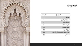 2
‫المحتويات‬
‫الصفحة‬ ‫الموضوع‬
3 ‫مقدمة‬
4 ‫الزمن‬ ‫ر‬
‫عب‬ ‫العقود‬
8 ‫العقد‬ ‫وظيفة‬
9 ‫العقد‬ ‫مكونات‬
10 ‫الجمالية‬ ‫القيم‬
11 ‫العقود‬ ‫انواع‬
25 ‫از‬‫ر‬‫ط‬ ‫كل‬ ‫ي‬
‫ف‬ ‫المستخدمة‬ ‫العقود‬ ‫انواع‬
56 ‫المصادر‬
 