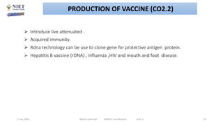  Introduce live attenuated .
 Acquired immunity.
 Rdna technology can be use to clone gene for protective antigen protein.
 Hepatitis B vaccine (rDNA) , influenza ,HIV and mouth and foot disease.
2 July 2021 Abhijit Debnath BP605T and Biotech Unit-2 19
PRODUCTION OF VACCINE (CO2.2)
 