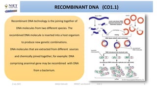 2 July 2021 Abhijit Debnath BP605T and Biotech Unit-1 3
RECOMBINANT DNA (CO1.1)
Recombinant DNA technology is the joining together of
DNA molecules from two different species. The
recombined DNA molecule is inserted into a host organism
to produce new genetic combinations.
DNA molecules that are extracted from different sources
and chemically joined together; for example: DNA
comprising ananimal gene may be recombined with DNA
from a bacterium.
 