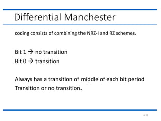 4.33
Differential Manchester
Bit 1  no transition
Bit 0  transition
Always has a transition of middle of each bit period
Transition or no transition.
coding consists of combining the NRZ-I and RZ schemes.
 