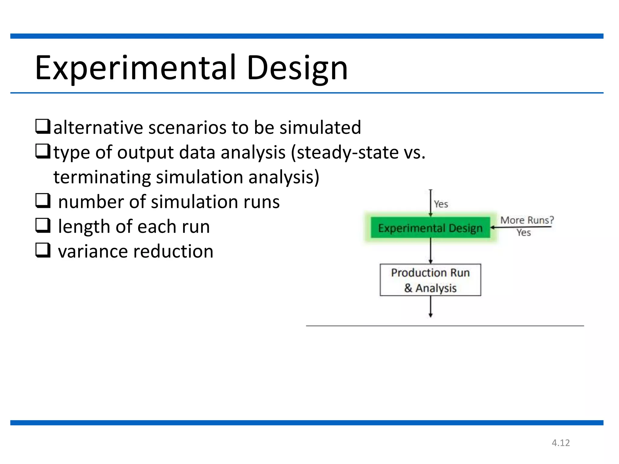 4.12
Experimental Design
alternative scenarios to be simulated
type of output data analysis (steady-state vs.
terminating simulation analysis)
 number of simulation runs
 length of each run
 variance reduction
 