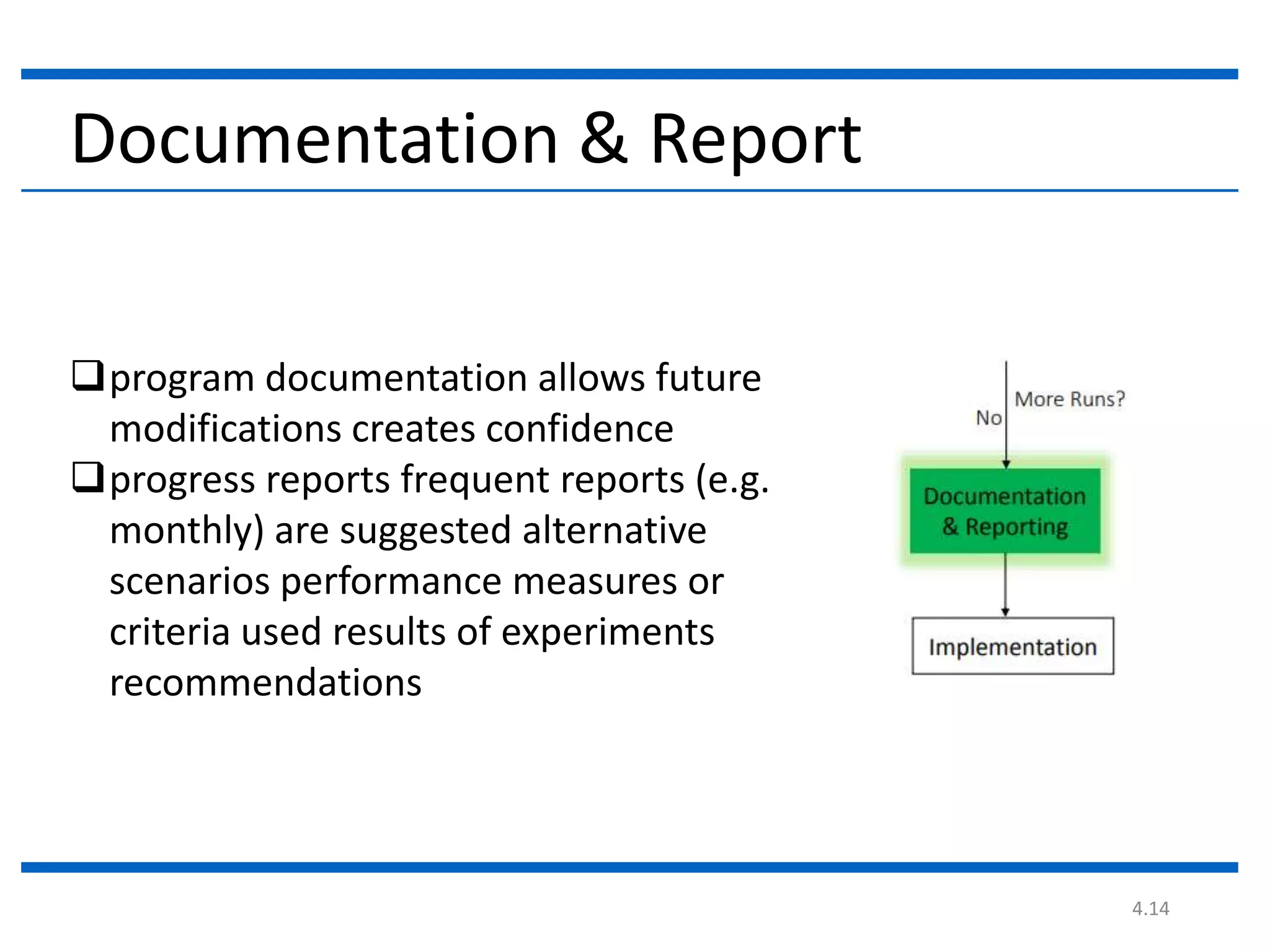 4.14
Documentation & Report
program documentation allows future
modifications creates confidence
progress reports frequent reports (e.g.
monthly) are suggested alternative
scenarios performance measures or
criteria used results of experiments
recommendations
 