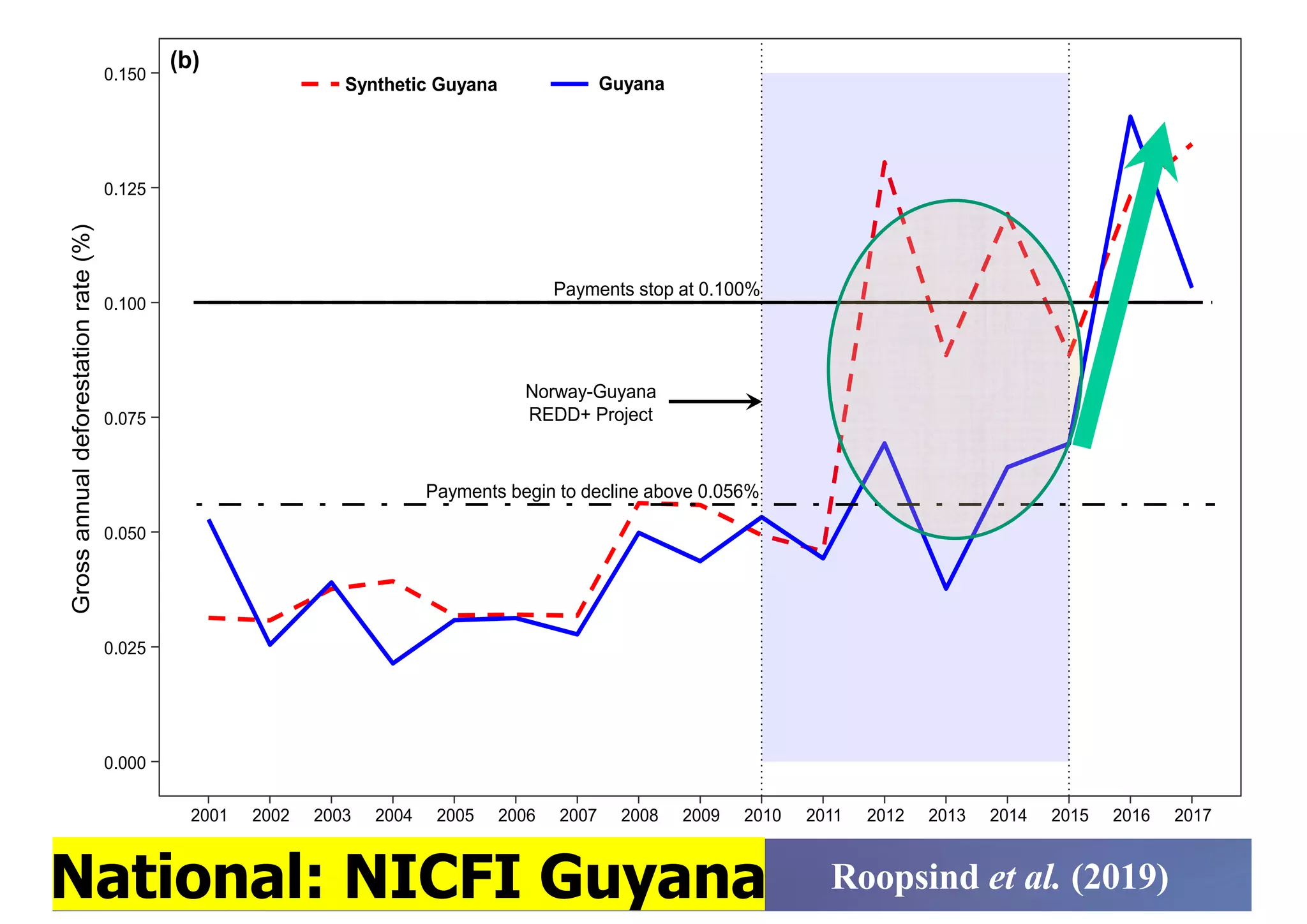 0.000
0.025
0.050
0.075
0.100
0.125
0.150
2001 2002 2003 2004 2005 2006 2007 2008 2009 2010 2011 2012 2013 2014 2015 2016 2017
Gross
annual
deforestation
rate
(%) Synthetic Guyana Guyana
Norway-Guyana
REDD+ Project
Payments begin to decline above 0.056%
Payments stop at 0.100%
(b)
(c)
National: NICFI Guyana Roopsind et al. (2019)
 