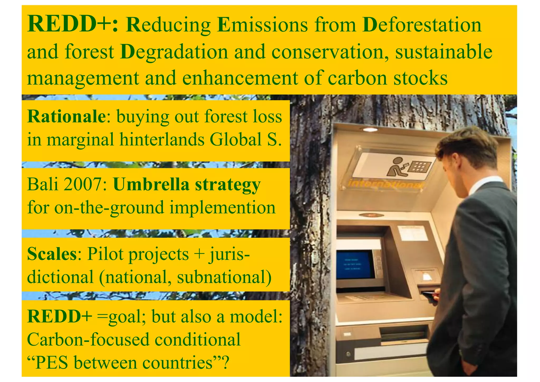 Bali 2007: Umbrella strategy
for on-the-ground implemention
REDD=Global PES
REDD+: Reducing Emissions from Deforestation
and forest Degradation and conservation, sustainable
management and enhancement of carbon stocks
Scales: Pilot projects + juris-
dictional (national, subnational)
REDD+ =goal; but also a model:
Carbon-focused conditional
“PES between countries”?
Rationale: buying out forest loss
in marginal hinterlands Global S.
 