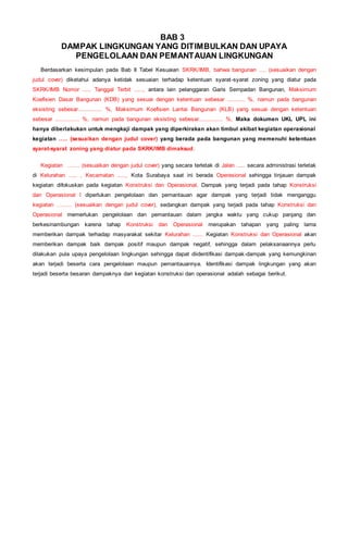 BAB 3
DAMPAK LINGKUNGAN YANG DITIMBULKAN DAN UPAYA
PENGELOLAAN DAN PEMANTAUAN LINGKUNGAN
Berdasarkan kesimpulan pada Bab II Tabel Kesuaian SKRK/IMB, bahwa bangunan …. (sesuaikan dengan
judul cover) diketahui adanya ketidak sesuaian terhadap ketentuan syarat-syarat zoning yang diatur pada
SKRK/IMB Nomor ..... Tanggal Terbit ....., antara lain pelanggaran Garis Sempadan Bangunan, Maksimum
Koefisien Dasar Bangunan (KDB) yang sesuai dengan ketentuan sebesar .......... %, namun pada bangunan
eksisting sebesar.............. %, Maksimum Koefisien Lantai Bangunan (KLB) yang sesuai dengan ketentuan
sebesar .............. %, namun pada bangunan eksisting sebesar.............. %, Maka dokumen UKL UPL ini
hanya diberlakukan untuk mengkaji dampak yang diperkirakan akan timbul akibat kegiatan operasional
kegiatan ….. (sesuaikan dengan judul cover) yang berada pada bangunan yang memenuhi ketentuan
syarat-syarat zoning yang diatur pada SKRK/IMB dimaksud.
Kegiatan ……. (sesuaikan dengan judul cover) yang secara terletak di Jalan ..... secara administrasi terletak
di Kelurahan ..... , Kecamatan ....., Kota Surabaya saat ini berada Operasional sehingga tinjauan dampak
kegiatan difokuskan pada kegiatan Konstruksi dan Operasional. Dampak yang terjadi pada tahap Konstruksi
dan Operasional l diperlukan pengelolaan dan pemantauan agar dampak yang terjadi tidak menganggu
kegiatan …….. (sesuaikan dengan judul cover), sedangkan dampak yang terjadi pada tahap Konstruksi dan
Operasional memerlukan pengelolaan dan pemantauan dalam jangka waktu yang cukup panjang dan
berkesinambungan karena tahap Konstruksi dan Operasional merupakan tahapan yang paling lama
memberikan dampak terhadap masyarakat sekitar Kelurahan ...... Kegiatan Konstruksi dan Operasional akan
memberikan dampak baik dampak positif maupun dampak negatif, sehingga dalam pelaksanaannya perlu
dilakukan pula upaya pengelolaan lingkungan sehingga dapat diidentifikasi dampak-dampak yang kemungkinan
akan terjadi beserta cara pengelolaan maupun pemantauannya. Identifikasi dampak lingkungan yang akan
terjadi beserta besaran dampaknya dari kegiatan konstruksi dan operasional adalah sebagai berikut.
 