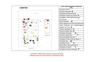 Layout Upaya Pengelolaan Lingkungan
(UKL)
Keterangan Gambar :
Keresahan Masyarakat
Terbukanya Kesempatan Kerja
Peningkatan Limbah Cair Domestik
Peningkatan Limbah Padat Domestik dan
Non Domestik
Potensi Kebakaran
Potensi Gangguan Keamanan dan Ketertiban
Terjadi Kemacetan Lalu Lintas/Peningkatan
Bangkitan Lalu Lintas
Timbulnya Genangan Air
Penurunan Kualitas Udara
Peningkatan Kebisingan
Penurunan Kualitas Jalan
Potensi Kecelakaan Kerja (K3)
Peningkatan Limbah Lemak dan Minyak
Peningkatan Bau
Peningkatan Panas
Adanya Hewan Vektor pada Dapur
Peningkatan Limbah B3
Peningaktan Kesehatan Lingkungan
CONTOH
KETERANGAN GAMBAR SESUAI DENGAN SUB BAB GARIS BESAR
KOMPONEN KEGIATAN USAHA PADA BAB 2 AKHIR/SEBELUM BAB 3
 