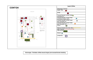 Layout Utilitas
Keterangan Gambar :
Septik Tank
APAR
Tempat Sampah Limbah Padat
Domestik 30 L
Tempat Sampah Limbah Padat
Domestik di depan persil
Tempat Sampah Limbah Padat
Non Domestik 30 L
Tempat Sampah Limbah Padat
Non Domestik 100 L
Pohon
Saluran Drainase dan Arah Aliran
Jalur Evakuasi
Titik Kumpul
Genset
Limbah B3
CONTOH
Keterangan : Peletakan utilitas sesuai dengan perencanaan/konsisi eksisting
 