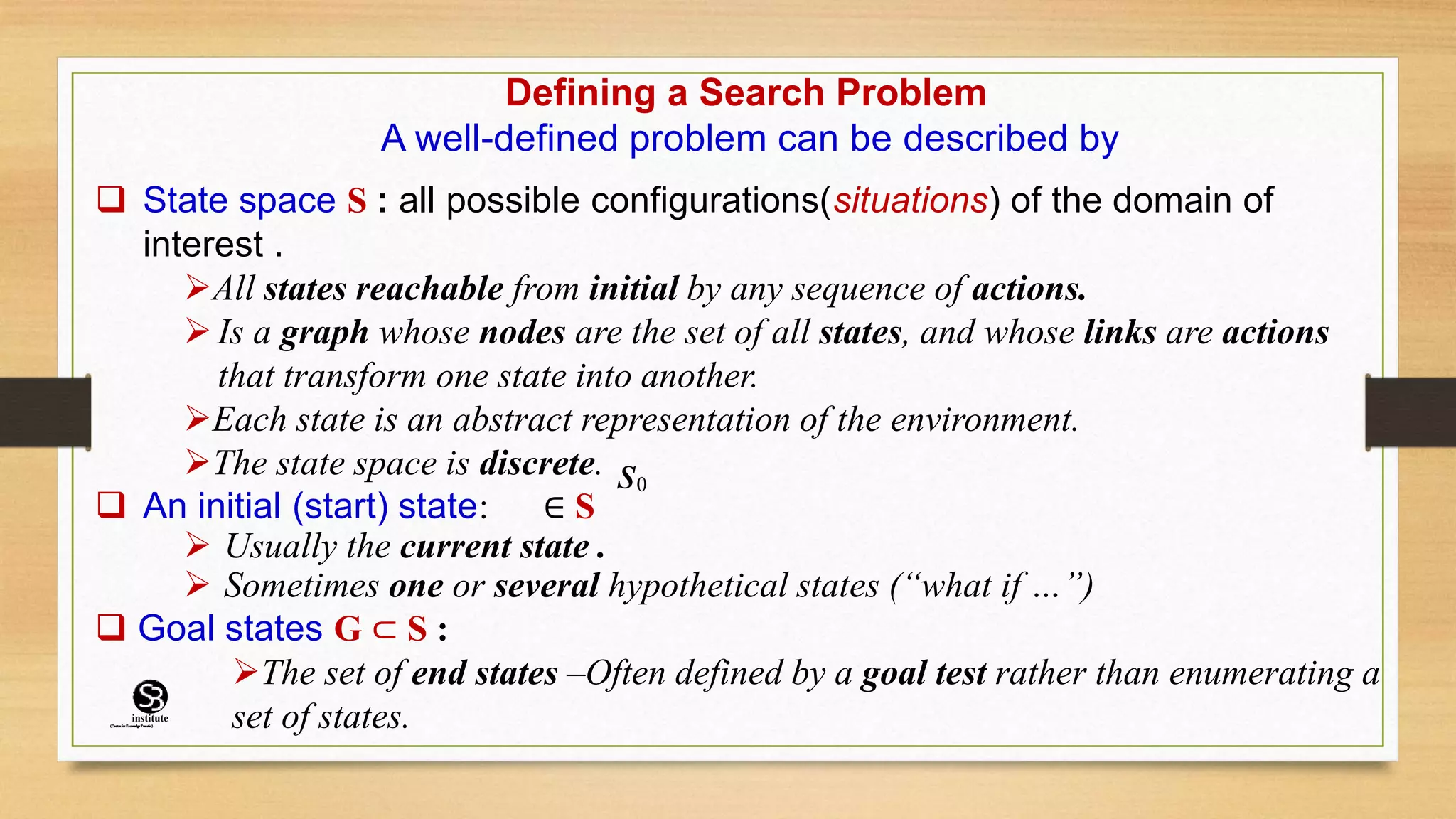 Defining a Search Problem
A well-defined problem can be described by
 State space S : all possible configurations(situations) of the domain of
interest .
All states reachable from initial by any sequence of actions.
 Is a graph whose nodes are the set of all states, and whose links are actions
that transform one state into another.
Each state is an abstract representation of the environment.
The state space is discrete.
 An initial (start) state: ∈ S
 Usually the current state .
 Sometimes one or several hypothetical states (“what if …”)
 Goal states G ⊂ S :
The set of end states –Often defined by a goal test rather than enumerating a
set of states.
s0
(CentreforKnowledgeTransfer)
institute
 