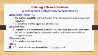 Defining a Search Problem
A well-defined problem can be described by
Operators (Action) A :
 The actions available–often defined in terms of a mapping from a state to its
successor.
 Is something that the agent can choose to do.
Search tree :
 (A graph with no undirected loops) in which the root node is the start state
and the set of children for each node consists of the states reachable by
taking any action.
Search node :
 Is a node in the search tree.
Goal :
Is a state that the agent (solution) is trying to reach.
(CentreforKnowledgeTransfer)
institute
 