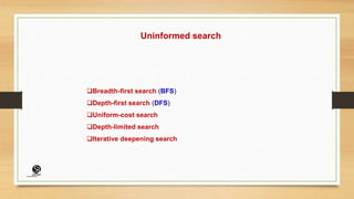 Uninformed search
Breadth-first search (BFS)
Depth-first search (DFS)
Uniform-cost search
Depth-limited search
Iterative deepening search
(CentreforKnowledgeTransfer)
institute
 