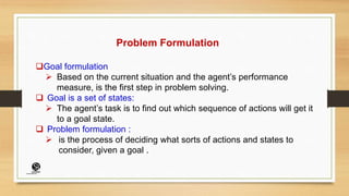 Problem Formulation
Goal formulation
 Based on the current situation and the agent’s performance
measure, is the first step in problem solving.
 Goal is a set of states:
 The agent’s task is to find out which sequence of actions will get it
to a goal state.
 Problem formulation :
 is the process of deciding what sorts of actions and states to
consider, given a goal .
(CentreforKnowledgeTransfer)
institute
 