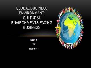 MBA 3
IB
Module 1
GLOBAL BUSINESS
ENVIRONMENT:
CULTURAL
ENVIRONMENTS FACING
BUSINESS
 