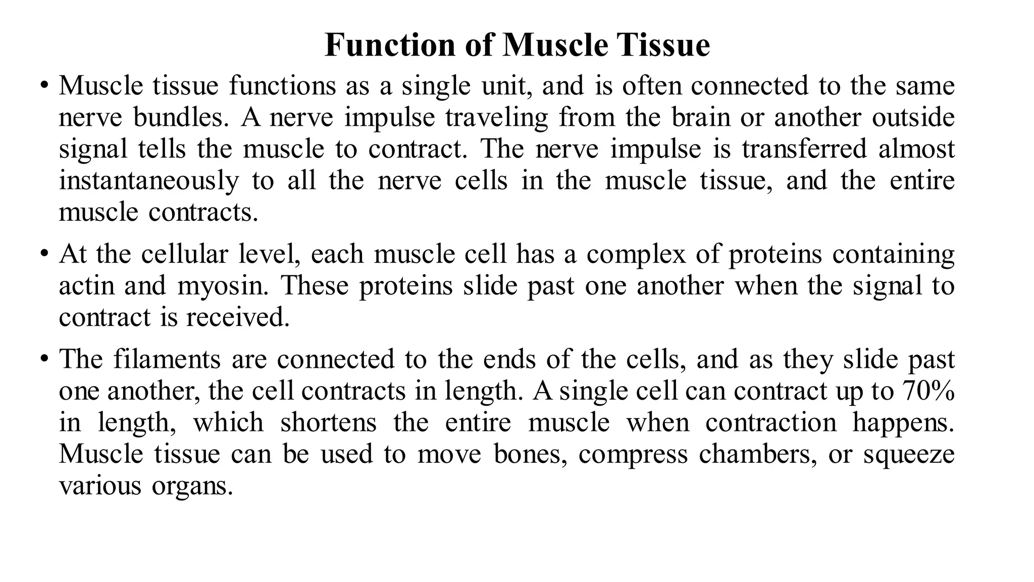 Function of Muscle Tissue
• Muscle tissue functions as a single unit, and is often connected to the same
nerve bundles. A nerve impulse traveling from the brain or another outside
signal tells the muscle to contract. The nerve impulse is transferred almost
instantaneously to all the nerve cells in the muscle tissue, and the entire
muscle contracts.
• At the cellular level, each muscle cell has a complex of proteins containing
actin and myosin. These proteins slide past one another when the signal to
contract is received.
• The filaments are connected to the ends of the cells, and as they slide past
one another, the cell contracts in length. A single cell can contract up to 70%
in length, which shortens the entire muscle when contraction happens.
Muscle tissue can be used to move bones, compress chambers, or squeeze
various organs.
 