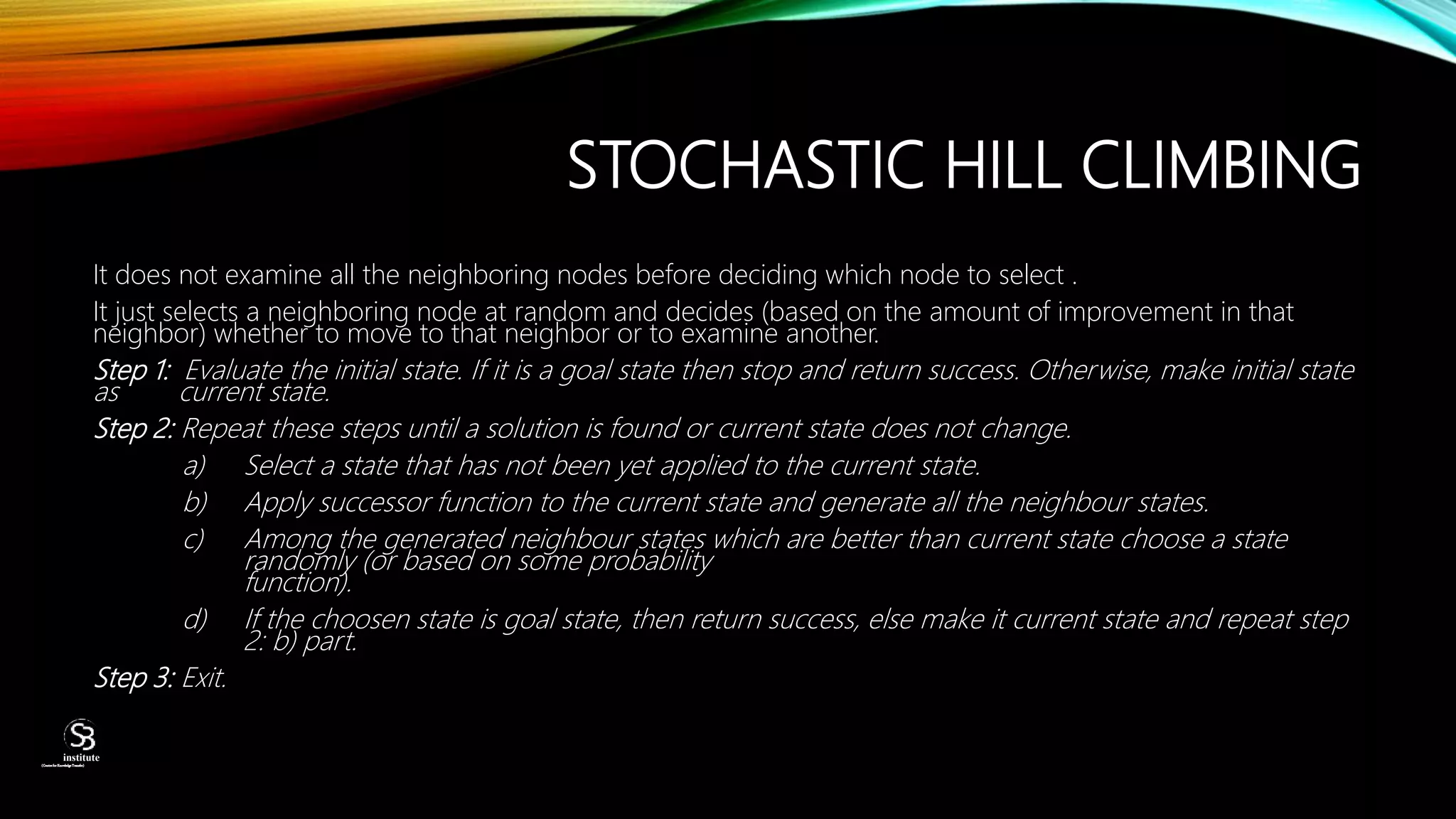 STOCHASTIC HILL CLIMBING
It does not examine all the neighboring nodes before deciding which node to select .
It just selects a neighboring node at random and decides (based on the amount of improvement in that
neighbor) whether to move to that neighbor or to examine another.
Step 1: Evaluate the initial state. If it is a goal state then stop and return success. Otherwise, make initial state
as current state.
Step 2: Repeat these steps until a solution is found or current state does not change.
a) Select a state that has not been yet applied to the current state.
b) Apply successor function to the current state and generate all the neighbour states.
c) Among the generated neighbour states which are better than current state choose a state
randomly (or based on some probability
function).
d) If the choosen state is goal state, then return success, else make it current state and repeat step
2: b) part.
Step 3: Exit.
(CentreforKnowledgeTransfer)
institute
 