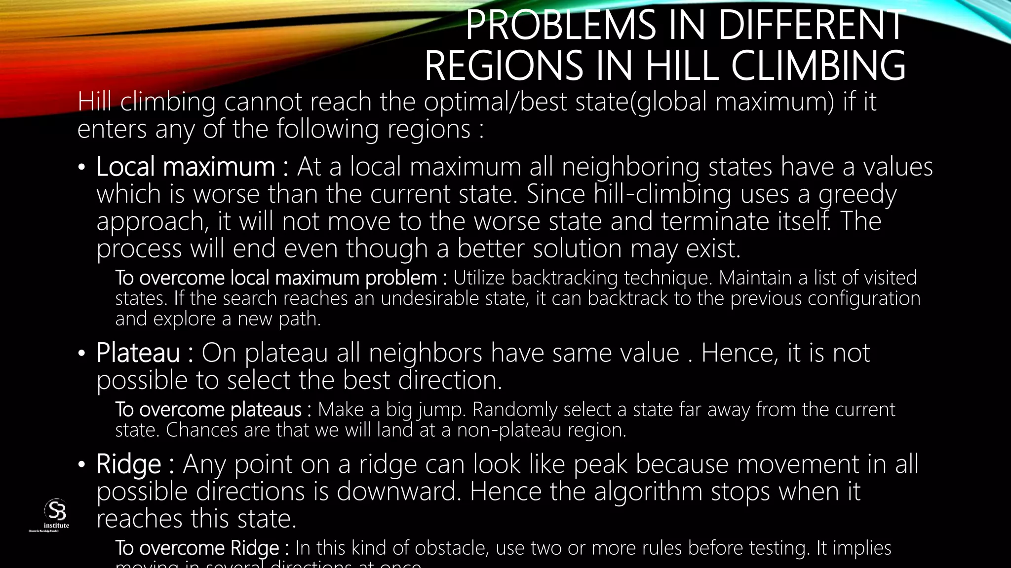 PROBLEMS IN DIFFERENT
REGIONS IN HILL CLIMBING
Hill climbing cannot reach the optimal/best state(global maximum) if it
enters any of the following regions :
• Local maximum : At a local maximum all neighboring states have a values
which is worse than the current state. Since hill-climbing uses a greedy
approach, it will not move to the worse state and terminate itself. The
process will end even though a better solution may exist.
To overcome local maximum problem : Utilize backtracking technique. Maintain a list of visited
states. If the search reaches an undesirable state, it can backtrack to the previous configuration
and explore a new path.
• Plateau : On plateau all neighbors have same value . Hence, it is not
possible to select the best direction.
To overcome plateaus : Make a big jump. Randomly select a state far away from the current
state. Chances are that we will land at a non-plateau region.
• Ridge : Any point on a ridge can look like peak because movement in all
possible directions is downward. Hence the algorithm stops when it
reaches this state.
To overcome Ridge : In this kind of obstacle, use two or more rules before testing. It implies
(CentreforKnowledgeTransfer)
institute
 