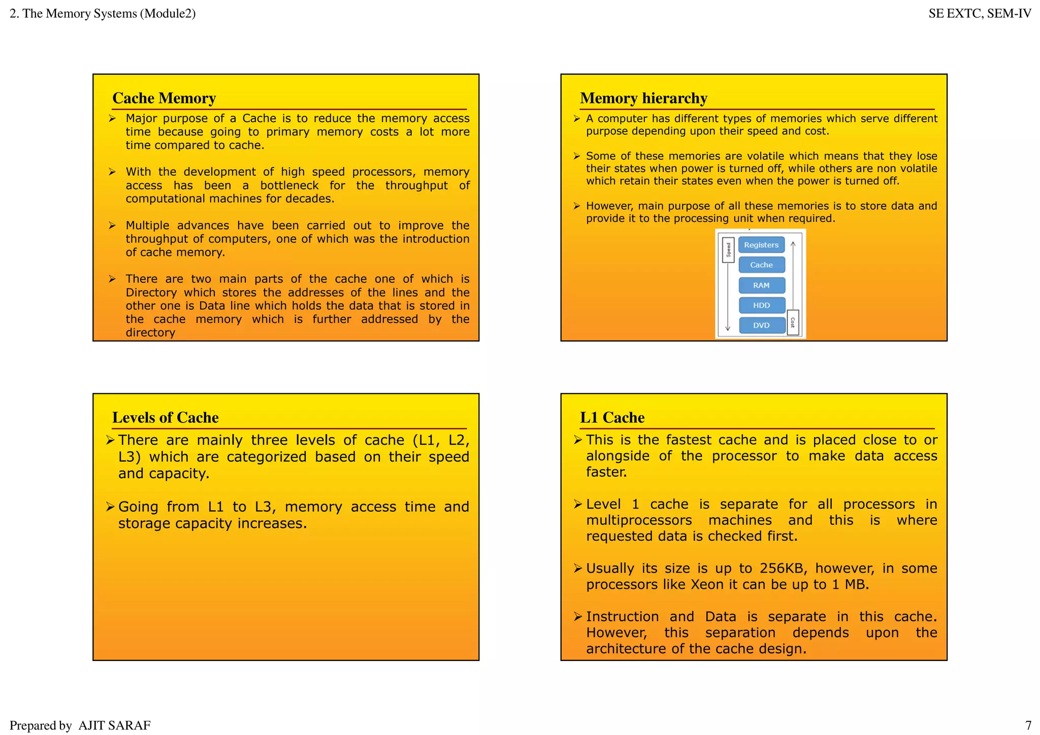 2. The Memory Systems (Module2) SE EXTC, SEM-IV
Prepared by AJIT SARAF 7
Major purpose of a Cache is to reduce the memory access
time because going to primary memory costs a lot more
time compared to cache.
With the development of high speed processors, memory
access has been a bottleneck for the throughput of
computational machines for decades.
Multiple advances have been carried out to improve the
throughput of computers, one of which was the introduction
of cache memory.
There are two main parts of the cache one of which is
Directory which stores the addresses of the lines and the
other one is Data line which holds the data that is stored in
the cache memory which is further addressed by the
directory
Cache Memory Memory hierarchy
A computer has different types of memories which serve different
purpose depending upon their speed and cost.
Some of these memories are volatile which means that they lose
their states when power is turned off, while others are non volatile
which retain their states even when the power is turned off.
However, main purpose of all these memories is to store data and
provide it to the processing unit when required.
Levels of Cache
There are mainly three levels of cache (L1, L2,
L3) which are categorized based on their speed
and capacity.
Going from L1 to L3, memory access time and
storage capacity increases.
L1 Cache
This is the fastest cache and is placed close to or
alongside of the processor to make data access
faster.
Level 1 cache is separate for all processors in
multiprocessors machines and this is where
requested data is checked first.
Usually its size is up to 256KB, however, in some
processors like Xeon it can be up to 1 MB.
Instruction and Data is separate in this cache.
However, this separation depends upon the
architecture of the cache design.
 