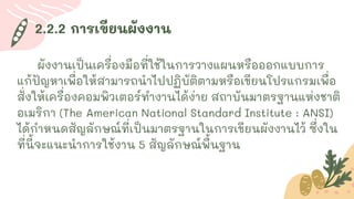 2.2.2 การเขียนผังงาน
ผังงานเป็นเครื่องมือที่ใช้ในการวางแผนหรือออกแบบการ
แก้ปัญหาเพื่อให้สามารถนาไปปฏิบัติตามหรือเขียนโปรแกรมเพื่อ
สั่งให้เครื่องคอมพิวเตอร์ทางานได้ง่าย สถาบันมาตรฐานแห่งชาติ
อเมริกา (The American National Standard Institute : ANSI)
ได้กาหนดสัญลักษณ์ที่เป็นมาตรฐานในการเขียนผังงานไว้ ซึ่งใน
ที่นี้จะแนะนาการใช้งาน 5 สัญลักษณ์พื้นฐาน
 
