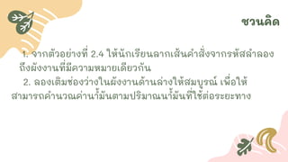 ชวนคิด
1. จากตัวอย่างที่ 2.4 ให้นักเรียนลากเส้นคาสั่งจากรหัสลาลอง
ถึงผังงานที่มีความหมายเดียวกัน
2. ลองเติมช่องว่างในผังงานด้านล่างให้สมบูรณ์ เพื่อให้
สามารถคานวณค่าน ้
ามันตามปริมาณน ้
ามันที่ใช้ต่อระยะทาง
 