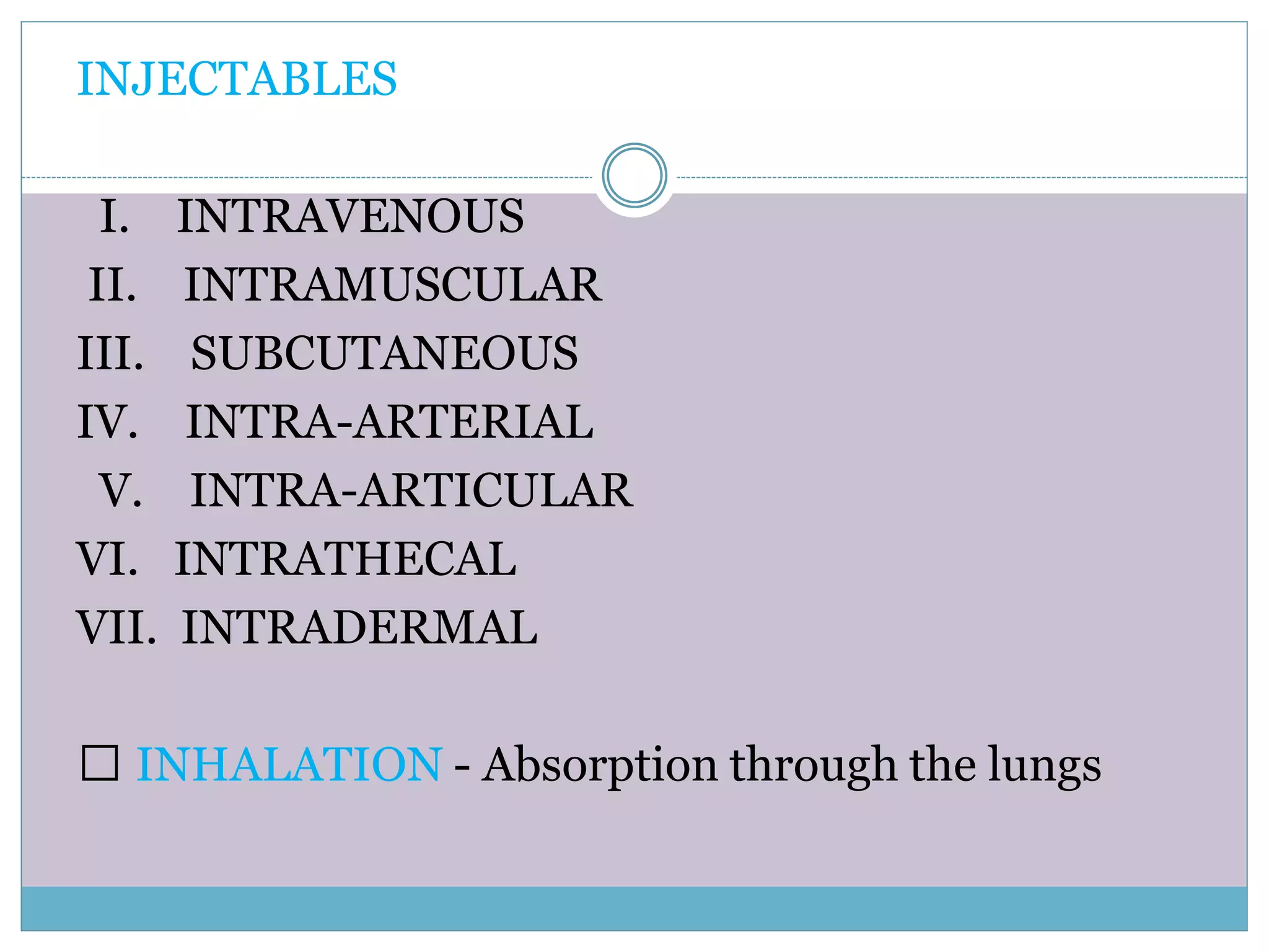 INJECTABLES
I. INTRAVENOUS
II. INTRAMUSCULAR
III. SUBCUTANEOUS
IV. INTRA-ARTERIAL
V. INTRA-ARTICULAR
VI. INTRATHECAL
VII. INTRADERMAL
INHALATION - Absorption through the lungs
 