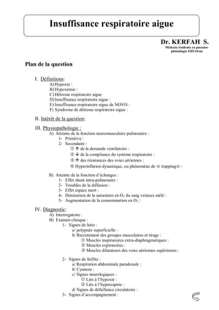 Dr. KERFAH S.
Médecin résidente en pneumo-
phtisiologie EHUOran
Plan de la question
I. Définitions:
A) Hypoxie :
B) Hypoxémie :
C) Détresse respiratoire aigue
D)Insuffisance respiratoire aigue :
E) Insuffisance respiratoire aigue de NOVO :
F) Syndrome de détresse respiratoire aigue :
II. Intérêt de la question:
III. Physiopathologie :
A) Atteinte de la fonction neuromusculaire pulmonaire :
1- Primitive :
2- Secondaire :
  de la demande ventilatoire :
  de la compliance du système respiratoire :
  des résistances des voies aériennes :
 Hyperinflation dynamique, ou phénomène de ≪ trapping≫ :
B) Atteinte de la fonction d’échanges :
1- Effet shunt intra-pulmonaire :
2- Troubles de la diffusion :
3- Effet espace mort :
4- Diminution de la saturation en O2 du sang veineux mêlé :
5- Augmentation de la consommation en O2 :
IV. Diagnostic:
A) Interrogatoire :
B) Examen clinique :
1- Signes de lutte :
a/ polypnée superficielle :
b/ Recrutement des groupes musculaires et tirage :
 Muscles inspiratoires extra-diaphragmatiques :
 Muscles expiratoires :
 Muscles dilatateurs des voies aériennes supérieures :
2- Signes de faillite :
a/ Respiration abdominale paradoxale :
b/ Cyanose :
c/ Signes neurologiques :
 Liés à l’hypoxie :
 Liés à l’hypercapnie :
d/ Signes de défaillance circulatoire :
3- Signes d’accompagnement :
Insuffisance respiratoire aigue
 