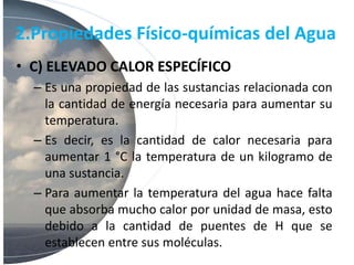 2.Propiedades Físico-químicas del Agua
• C) ELEVADO CALOR ESPECÍFICO
– Es una propiedad de las sustancias relacionada con
la cantidad de energía necesaria para aumentar su
temperatura.
– Es decir, es la cantidad de calor necesaria para
aumentar 1 °C la temperatura de un kilogramo de
una sustancia.
– Para aumentar la temperatura del agua hace falta
que absorba mucho calor por unidad de masa, esto
debido a la cantidad de puentes de H que se
establecen entre sus moléculas.
 