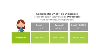 Semana del 07 al 11 de Diciembre
Programación televisiva de Preescolar
con aprendizajes esperados
 