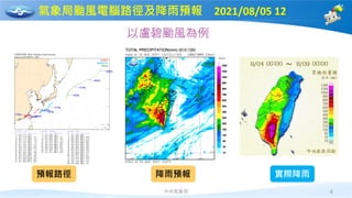 中央氣象局 4
氣象局颱風電腦路徑及降雨預報 2021/08/05 12
以盧碧颱風為例
預報路徑 降雨預報 實際降雨
 