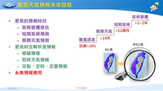 2021/10/7 中央氣象局 5
數值天氣預報未來發展
• 更長的預報時效
– 氣候變遷推估
– 短期氣候預測
– 展期天氣預測
• 更高時空解析度預報
– 鄉鎮預報
– 即時天氣預報
– 定點、定時、定量預報
• 系集預報應用
0.5公里
3公里
颱風誤差
展期天氣
氣候變遷
短期氣候
>14天
>12個月
>1~2年
改進>20%
 