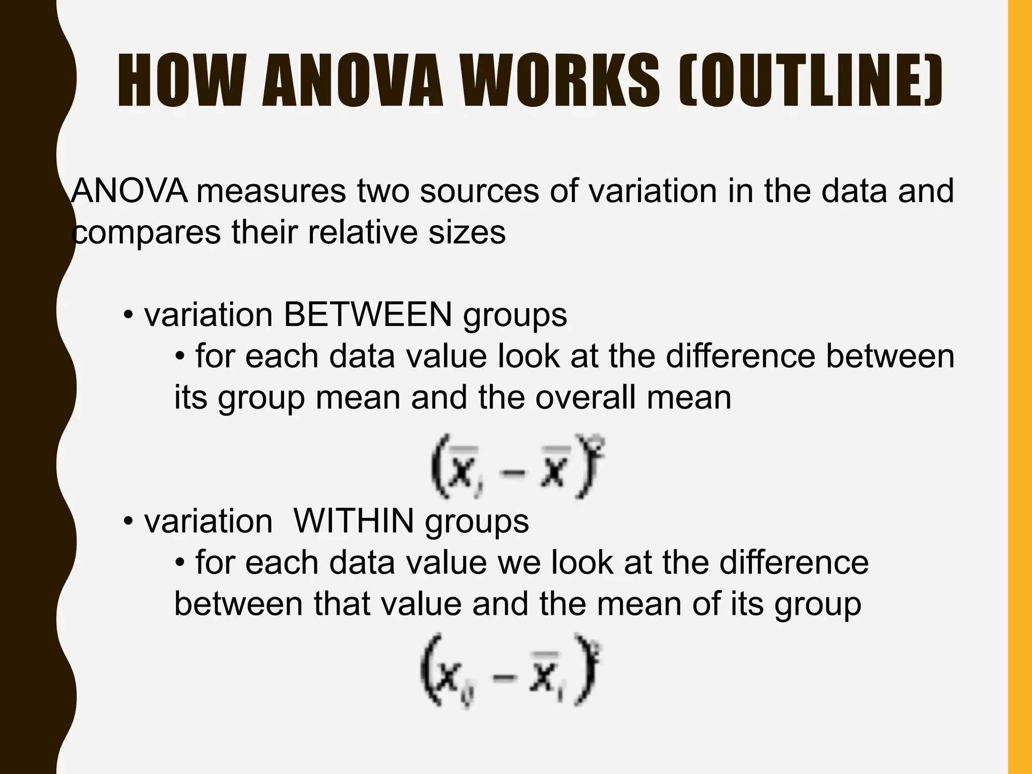 HOW ANOVA WORKS (OUTLINE)
ANOVA measures two sources of variation in the data and
compares their relative sizes
• variation BETWEEN groups
• for each data value look at the difference between
its group mean and the overall mean
• variation WITHIN groups
• for each data value we look at the difference
between that value and the mean of its group
 