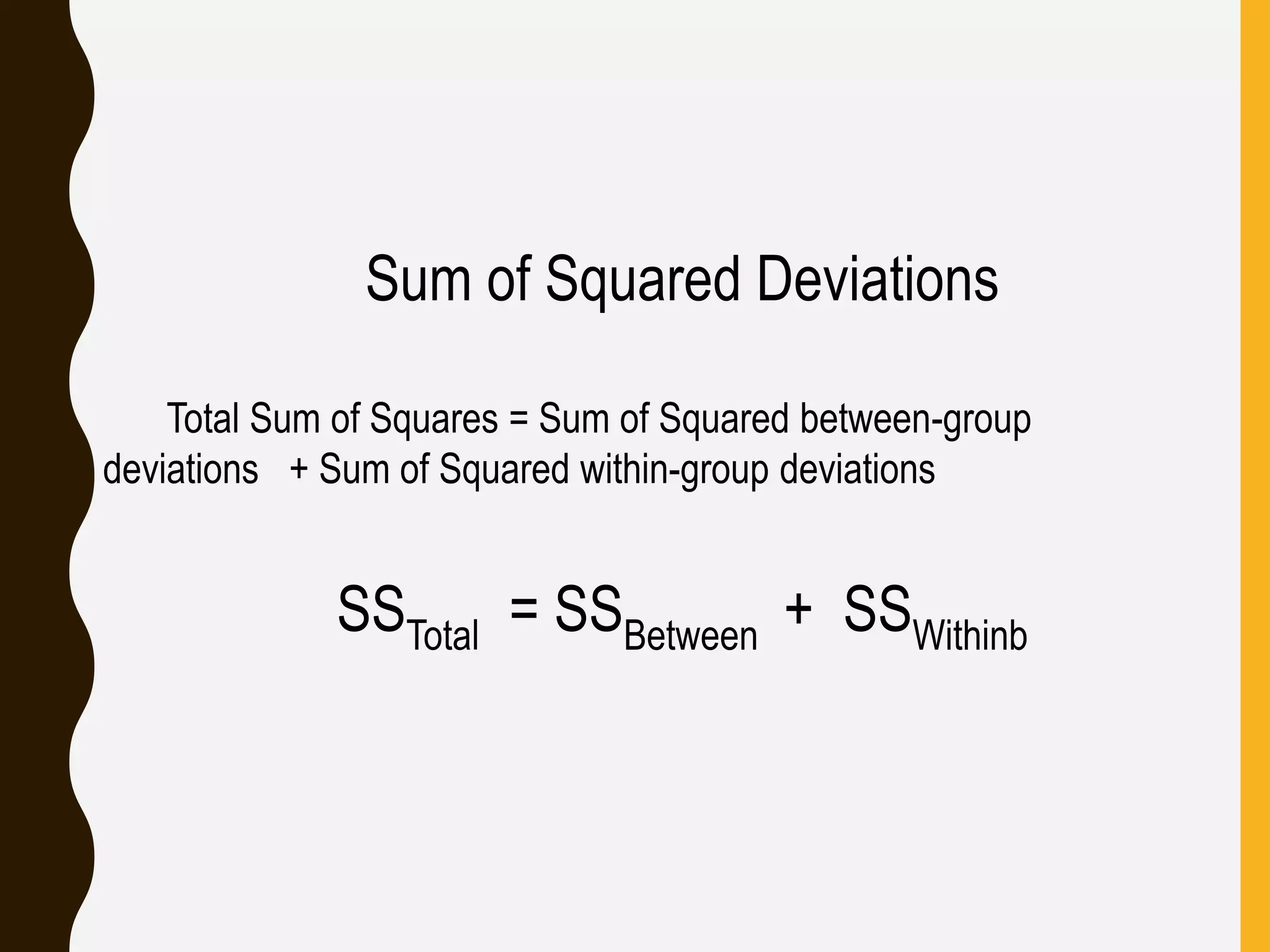 Sum of Squared Deviations
Total Sum of Squares = Sum of Squared between-group
deviations + Sum of Squared within-group deviations
SSTotal = SSBetween + SSWithinb
 