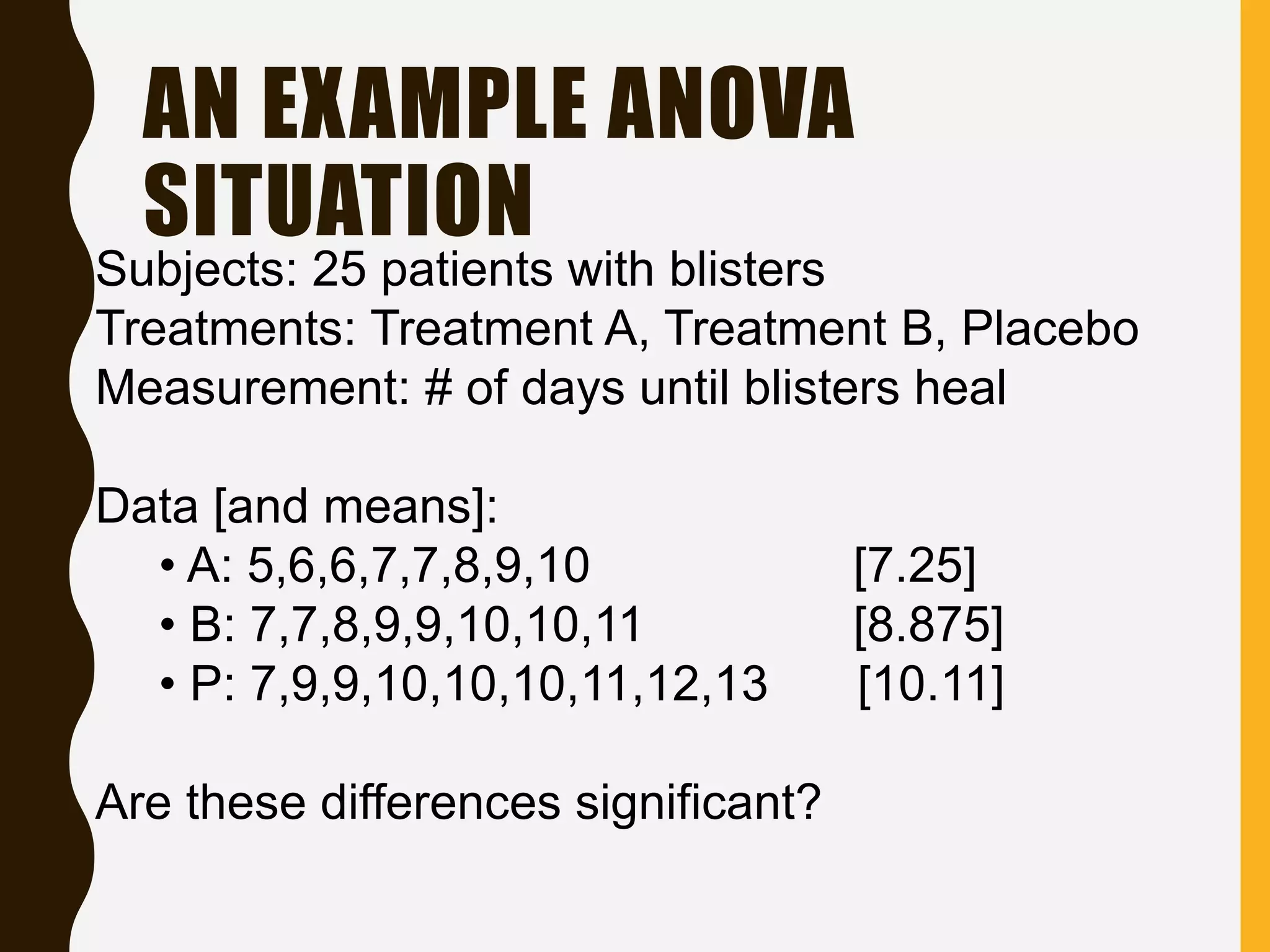 AN EXAMPLE ANOVA
SITUATION
Subjects: 25 patients with blisters
Treatments: Treatment A, Treatment B, Placebo
Measurement: # of days until blisters heal
Data [and means]:
• A: 5,6,6,7,7,8,9,10 [7.25]
• B: 7,7,8,9,9,10,10,11 [8.875]
• P: 7,9,9,10,10,10,11,12,13 [10.11]
Are these differences significant?
 