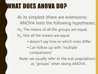 WHAT DOES ANOVA DO?
At its simplest (there are extensions)
ANOVA tests the following hypotheses:
H0: The means of all the groups are equal.
Ha: Not all the means are equal
• doesn’t say how or which ones differ.
• Can follow up with “multiple
comparisons”
Note: we usually refer to the sub-populations
as “groups” when doing ANOVA.
 
