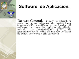 Software de Aplicación.
De uso General: Ofrece la estructura
para un gran número de aplicaciones
empresariales, científicas y personales. El
software de hoja de cálculo, de diseño
asistido por computadoras (CAD), de
procesamiento de texto, de manejo de Bases
de Datos, pertenece a esta categoría.
 