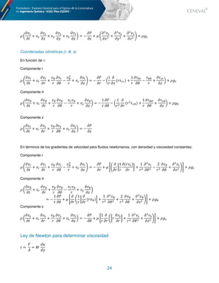 24
h ^
_ÜX
_à
+ ÜA
_ÜX
_P
+ ÜW
_ÜX
_O
+ ÜX
_ÜX
_z
` = −
_)
_z
+ ã F
_<ÜX
_P<
+
_<ÜX
_O<
+
_<ÜX
_z<
G + h'X
Coordenadas cilíndricas (r, â, z)
En función de t:
Componente r
h F
_Ü!
_à
+ Ü!
_Ü!
_~
+
ÜY
~
_Ü!
_Ç
−
ÜY
<
~
+ ÜX
_Ü!
_z
G = −
_)
_~
− ^
1
~
_
_P
(~ä!!) +
1
~
_äY!
_Ç
−
äYY
~
+
_äX!
_z
` + h'!
Componente @
h ^
_ÜY
_à
+ Ü!
_ÜY
_~
+
ÜY
~
_ÜY
_Ç
−
Ü!ÜY
~
+ ÜX
_ÜY
_z
` = −
1
~
_)
_Ç
− ^
1
~<
_
_~
(~<
ä!Y) +
1
~
_äYY
_Ç
+
_äXY
_z
` + h'Y
Componente z
h ^
_ÜX
_à
+ Ü!
_ÜX
_~
+
ÜY
~
_ÜX
_Ç
+ ÜX
_ÜX
_z
` = −
_)
_z
En términos de los gradientes de velocidad para fluidos newtonianos, con densidad y viscosidad constantes:
Componente r
h F
_Ü!
_à
+ Ü!
_Ü!
_~
+
ÜY
~
_Ü!
_Ç
−
ÜY
<
~
+ ÜX
_Ü!
_z
G = −
_)
_~
+ ã rF
_
_~
H
1
~
_(~Ü!)
_~
I +
1
~<
_<Ü!
_Ç<
−
2
~<
_ÜY
_Ç
+
_<Ü!
_z<
Gt + h'!
Componente @
h ^
_ÜY
_à
+ Ü!
_ÜY
_~
+
ÜY
~
_ÜY
_Ç
−
Ü!ÜY
~
+ ÜX
_ÜY
_z
`
= −
1
~
_)
_Ç
+ ã r
_
_~
F
1
~
H
_
_~
(~ÜY)I +
1
~<
_<ÜY
_Ç<
+
2
~<
_ÜY
_Ç
+
_<ÜY
_z<
Gt + h'Y
Componente z
h ^
_ÜX
_à
+ Ü!
_ÜX
_~
+
ÜY
~
_ÜX
_Ç
+ ÜX
_ÜX
_z
` = −
_)
_Ç
+ ã r
1
~
_
_~
FH~
_ÜX
_~
I +
1
~<
_<ÜX
_Ç<
+
_<ÜX
_z<
Gt + h'X
Ley de Newton para determinar viscosidad
à =	
e
å
= ç	
?é
?O
 