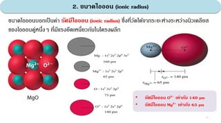 2. ขนาดไอออน (ionic radius)
ขนาดไอออนบอกเป็นค่า รัศมีไอออน (ionic radius) ซึ่งที่วัดได้จากระยะห่างระหว่างนิวเคลียส
ของไอออนคู่หนึ่งๆ ที่มีแรงยึดเหนี่ยวกันในโครงผลึก
• รัศมีไอออน O2- เท่ากับ 140 pm
• รัศมีไอออน Mg2+ เท่ากับ 65 pm
12
 