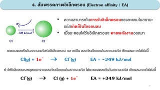 4. สัมพรรคภาพอิเล็กตรอน (Electron affinity : EA)
25
• ความสามารถในการรับอิเล็กตรอนของอะตอมในสถานะ
แก๊สเกิดเป
็ นไอออนลบ
• เมื่ออะตอมได้รับอิเล็กตรอนจะคายพลังงานออกมา
อะตอมคลอรีนในสถานะแก๊สรับอิเล็กตรอน กลายเป็น คลอไรด์ไอออนในสถานะแก๊ส เขียนสมการได้ดังนี้
Cl(g) + 1e–  Cl-(g) EA = -349 kJ/mol
Cl-(g)  Cl (g) + 1e– EA = +349 kJ/mol
ทําให้อิเล็กตรอนหลุดออกจากคลอไรด์ไอออนในสถานะแก๊ส ได้อะตอมคลอรีนในสถานะแก๊ส เขียนสมการได้ดังนี้
 