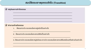 สมบัติของธาตุแทรนซิชัน (Transition)
36
 สรุปผลการทากิจกรรม
……………………………………………………………………………………………………………………………………………………..
……………………………………………………………………………………………………………………………………………………..
……………………………………………………………………………………………………………………………………………………..
……………………………………………………………………………………………………………………………………………………..
 คาถามท้ายกิจกรรม
1. สีของสารประกอบของโลหะหมู่หลักเป็นอย่างไร
…………………………………………………………………………………………………………………………………………………
2. สีของสารประกอบของโลหะแทรนซิชันเป็นอย่างไร
…………………………………………………………………………………………………………………………………………………
3. สีของสารประกอบของโลหะหมู่หลักและสารประกอบของโลหะแทรนซิชันเหมือนหรือต่างกันอย่างไร
…………………………………………………………………………………………………………………………………………………
…………………………………………………………………………………………………………………………………………………
 